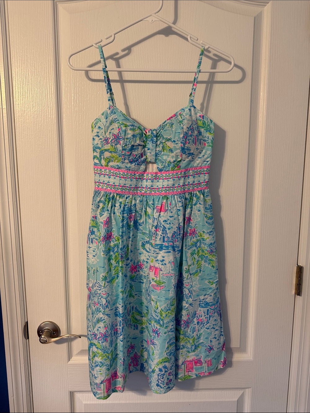 Lilly Pulitzer Light Blue Floral Midi Dress with Pink & Green Accents